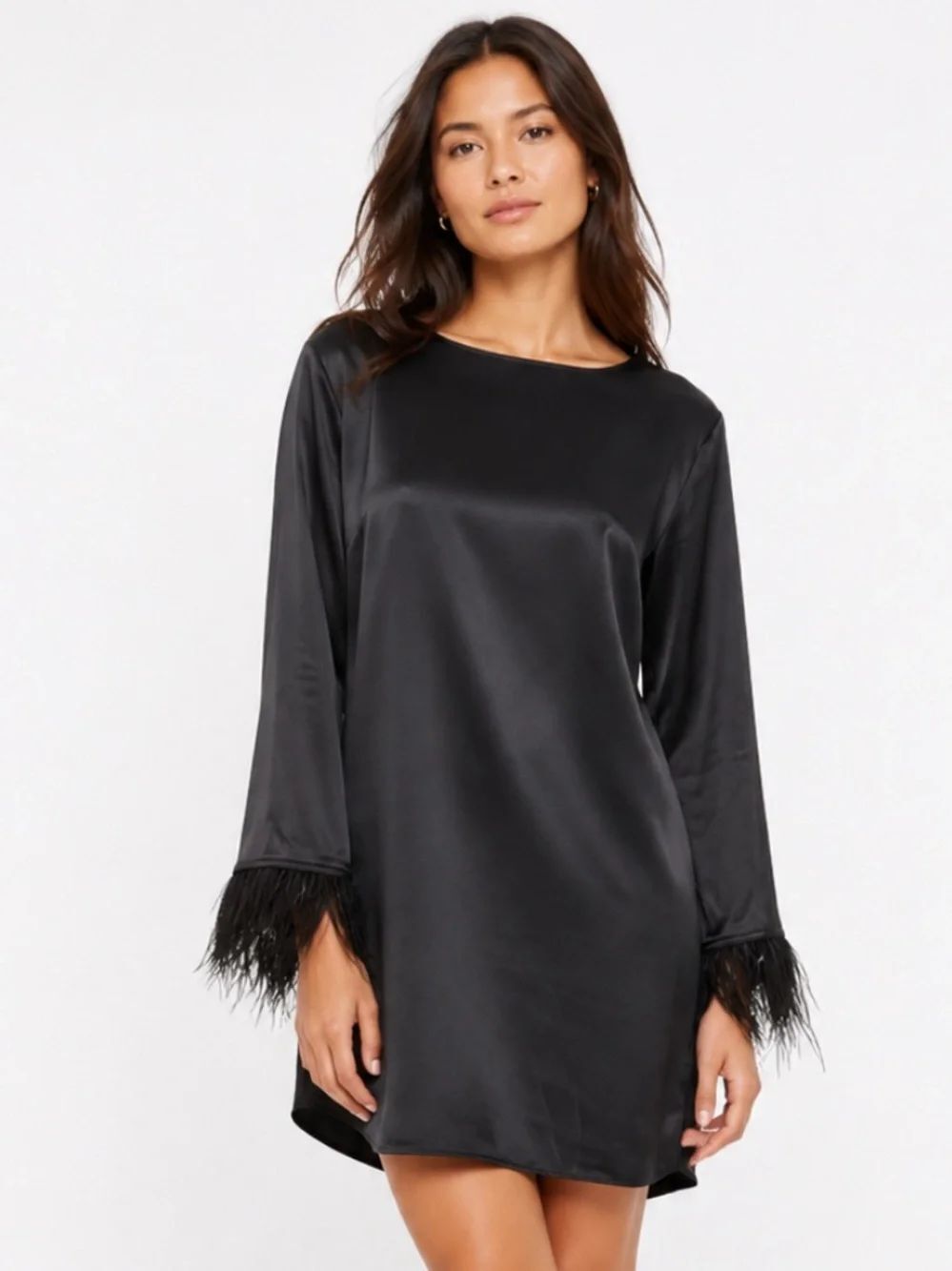 WAYF Black Satin Long-Sleeve Feather Cuff Dress